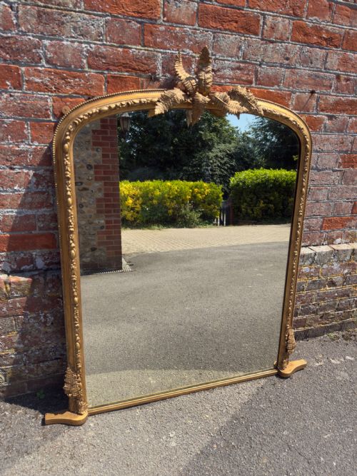 A Large Antique English 19th Century Carved Wood & Gesso Arched Top Gilt Overmantel Mirror.
