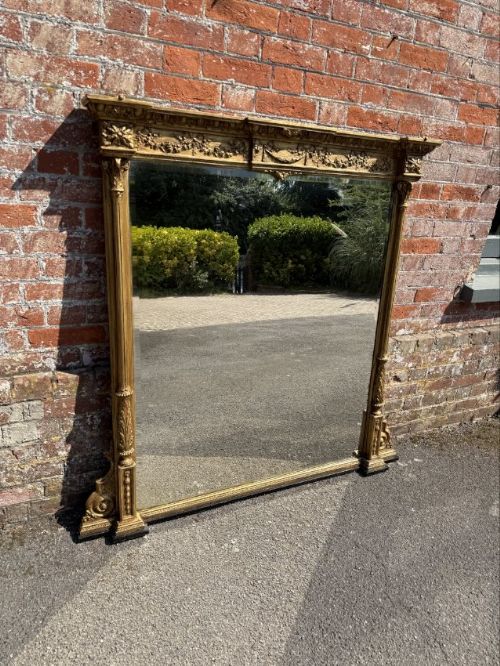 An Impressive Large Antique English 19th Century Carved Wood & Gesso Gilt Column Framed Overmantle Mirror.