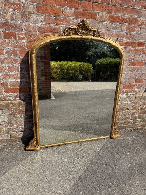 A Stunning Large Antique English 19th Century Carved Wood & Gesso Arched Top Gilt Overmantle Mirror.