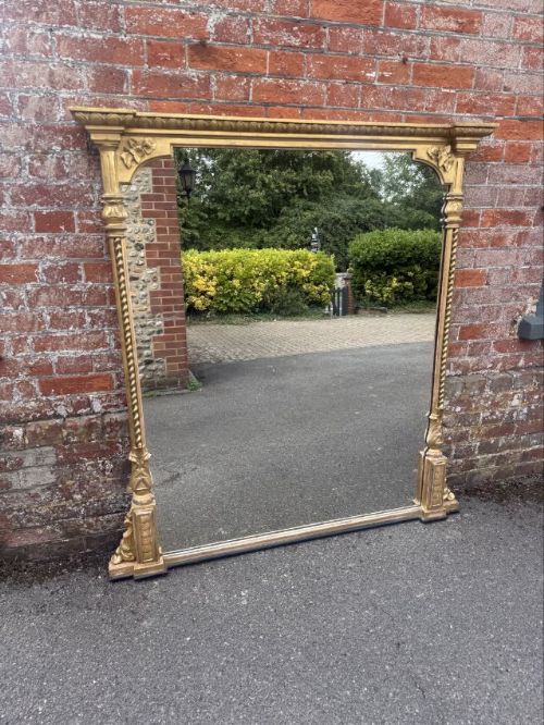 A Stunning Large Antique English 19th Century Carved Wood & Gesso Gilt Rope Twist Framed Overmantle Mirror.