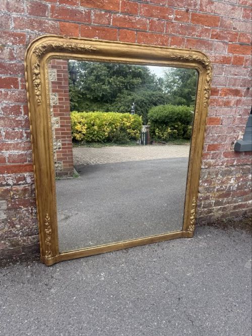 A Fabulous Large Early Antique English 19th Century Carved Wood & Gesso Arched Top Gilt Overmantle Mirror,