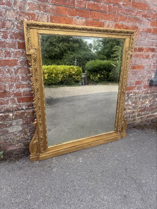 An Exceptional Large Antique English 19th Century Carved Wood & Gesso Gilt Ornate Framed Overmantle Mirror,
