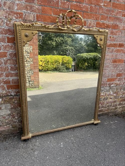 A Stunning Large Antique English 19th Century Carved Wood & Gesso Gilt Overmantle Mirror.