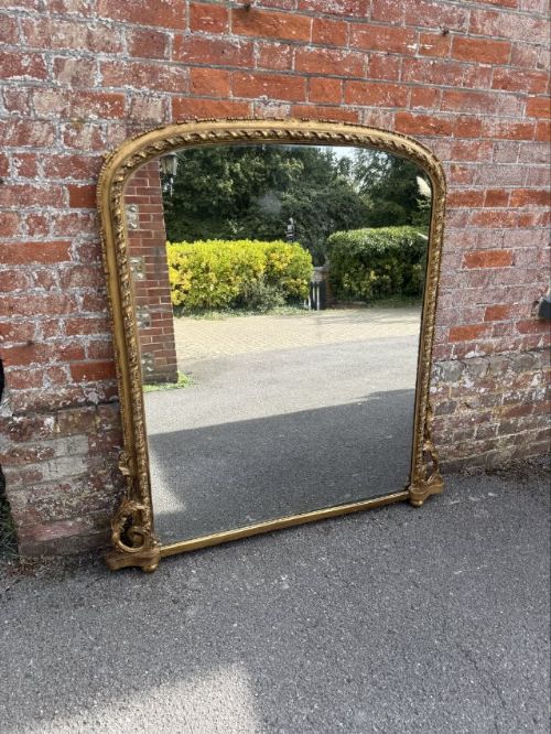 A Fabulous Large Antique English 19th Century Carved Wood & Gesso Arched Top Rope Twist Framed Gilt Overmantle Mirror.