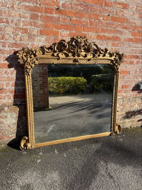 An Impressive Large Antique English 19th Century Carved Wood & Gesso Gilt Overmantle Mirror.
