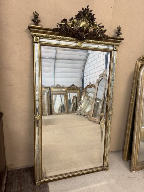 An Exceptional large Antique 19th Century French carved wood & gesso original painted & gilt Mirror,