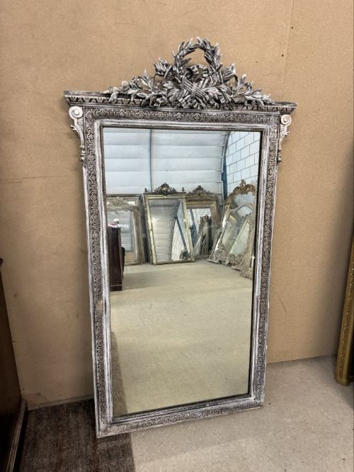 A Fabulous Large Antique French 19th Century Carved Wood & Gesso Original Silvered Mirror.