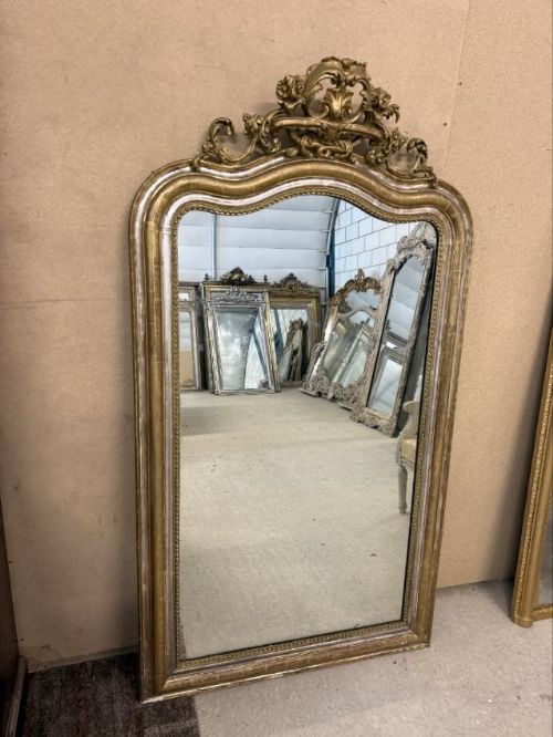 A Superb Large Antique 19th Century French Carved Wood & Gesso Original Shaped Top Silvered and Gilt Mirror