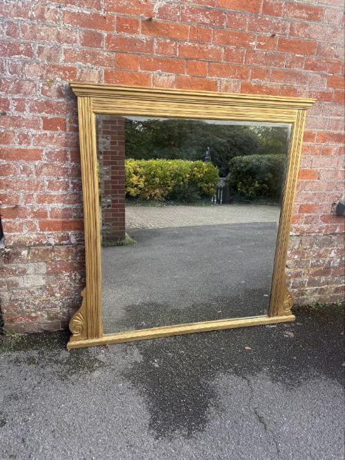 A Wonderful Large Antique English 19th Century Carved Wood Gilt Ribbed Framed Plain Overmantle Mirror.