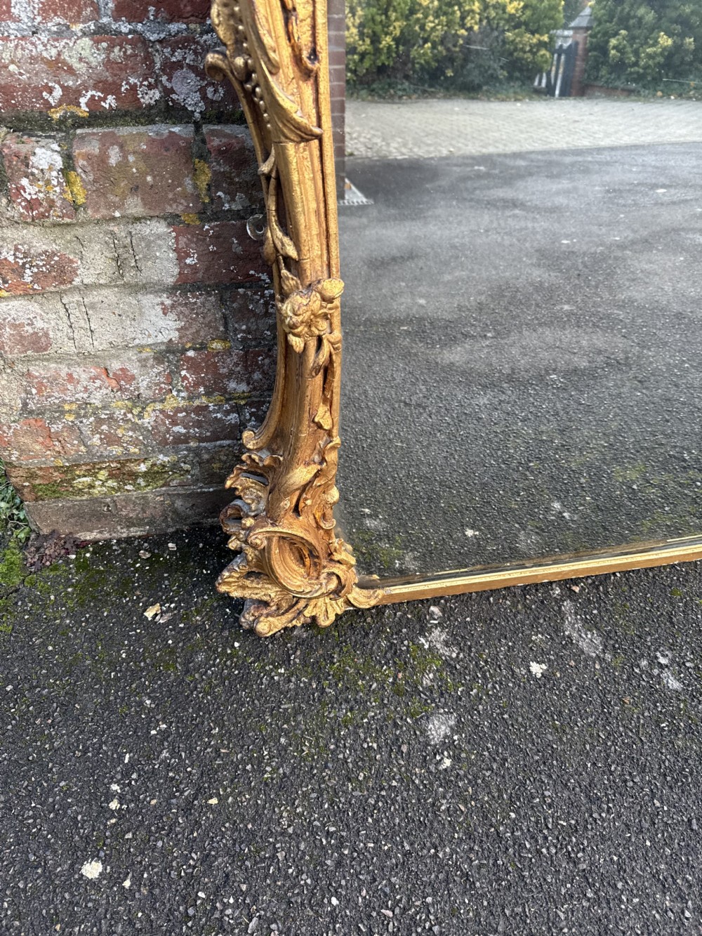 A Spectacular large Antique English 19th Century carved wood  & Gesso Gilt Overmantle Mirror. View IV