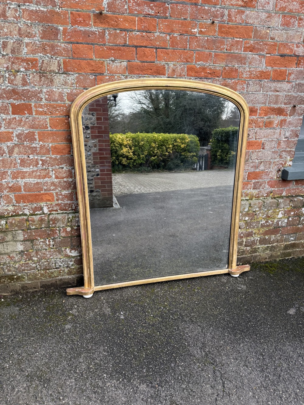 A Wonderful large Antique English 19th Century carved wood & gesso arched top gilt Overmantle Mirror. View VI