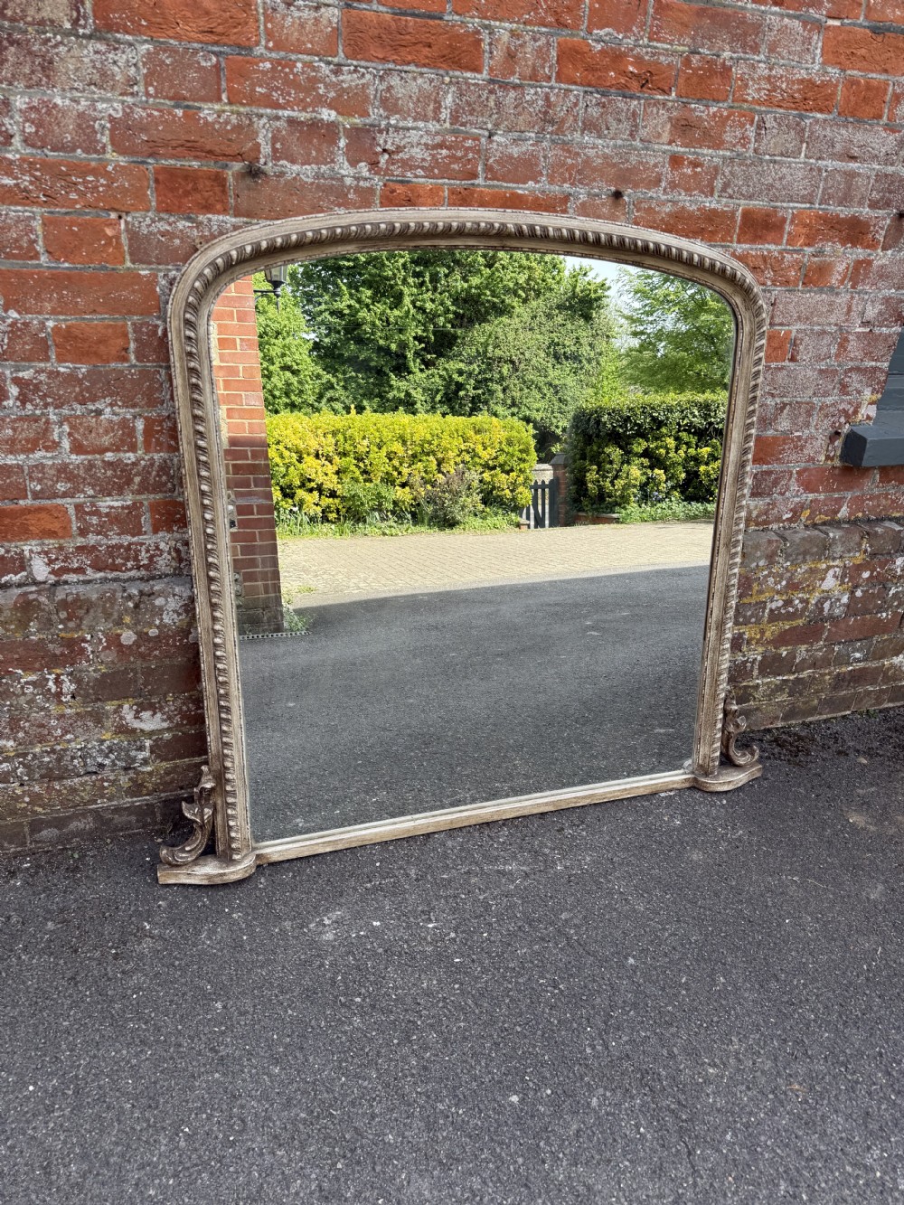 A Superb large Early 20th Century English carved wood painted arched top Overmantle Mirror. View VII