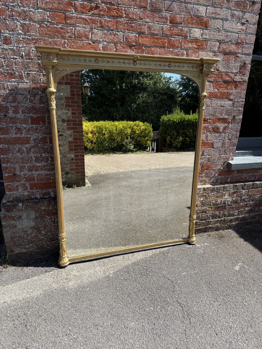 A Fabulous large Antique 19th Century carved wood & gesso English carved wood & gesso gilt Column Overmantle Mirror.