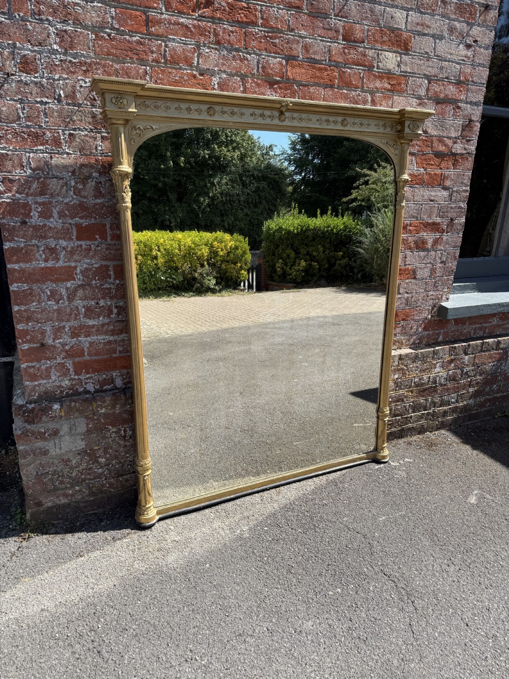 A Fabulous large Antique 19th Century carved wood & gesso English carved wood & gesso gilt Column Overmantle Mirror. View V
