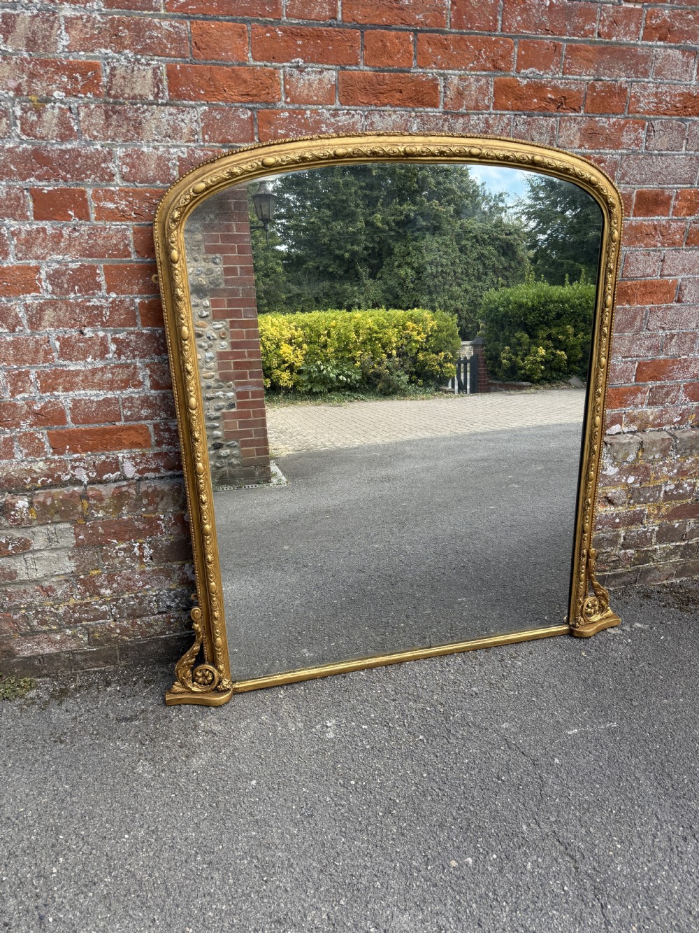 A Stunning large Antique English 19th Century carved wood & gesso arched top gilt Overmantle Mirror. View VIII