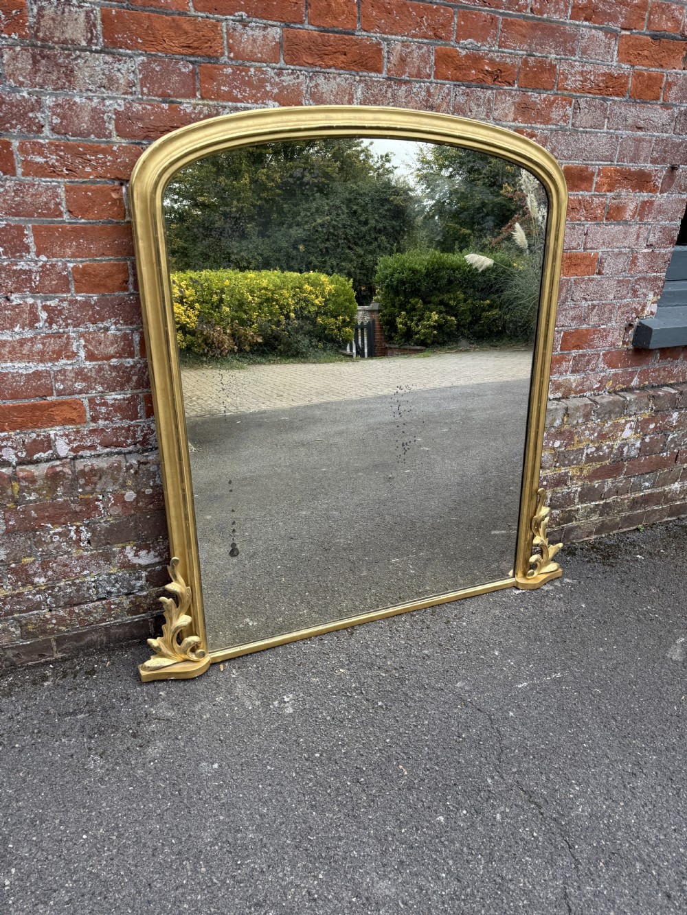 A Superb large Antique English 19th Century carved wood & gesso arched top gilt Overmantle Mirror. View VI