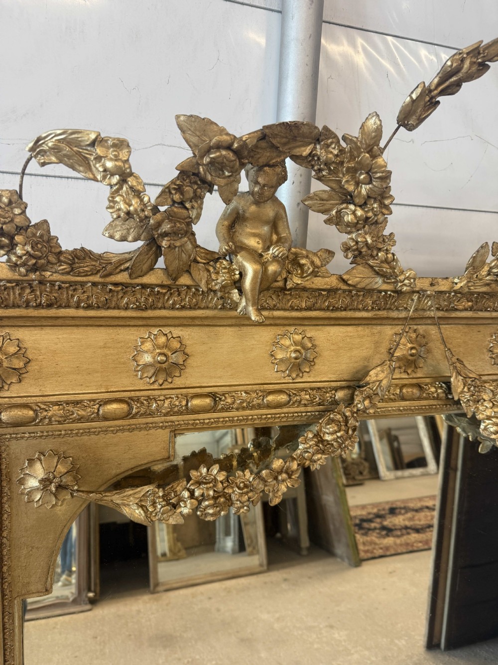 An Exceptional large Antique English 19th Century Gilt Overmantle Mirror. View VI