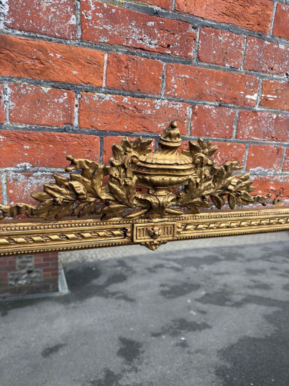A Superb large Antique English 19th Century carved wood & gesso gilt Overmantle Mirror. View IV