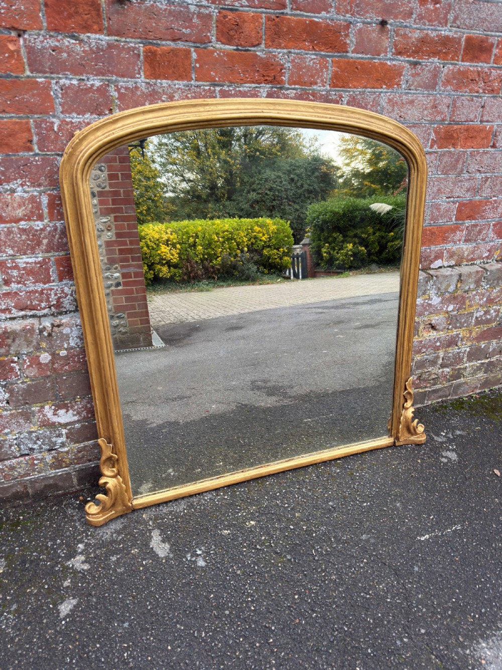 A Wonderful good size Antique English 19th Century carved wood & gesso arched top gilt Overmantle Mirror.