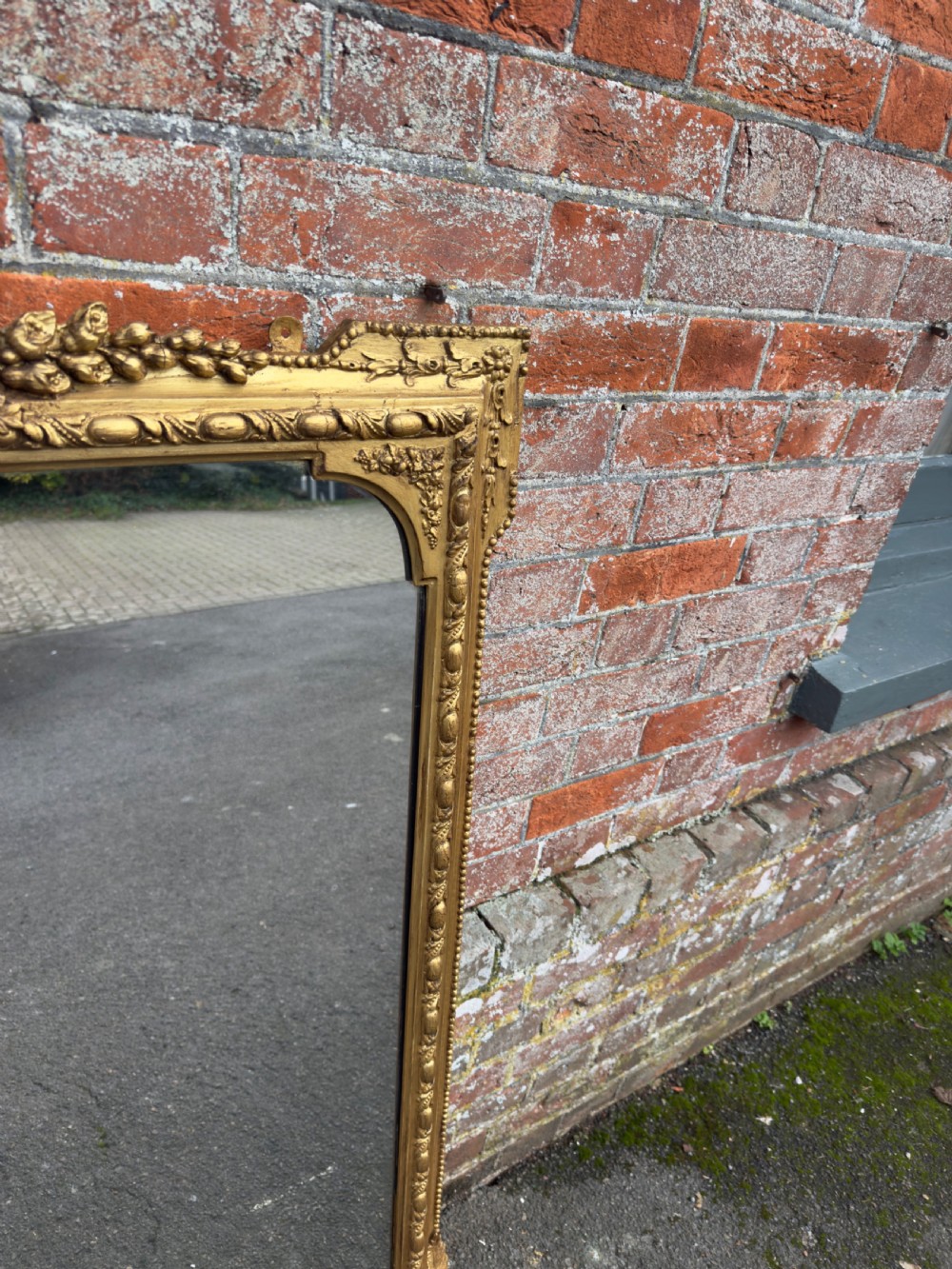An Exceptional large Antique English 19th Century carved wood & gesso gilt Overmantle Mirror. View IV
