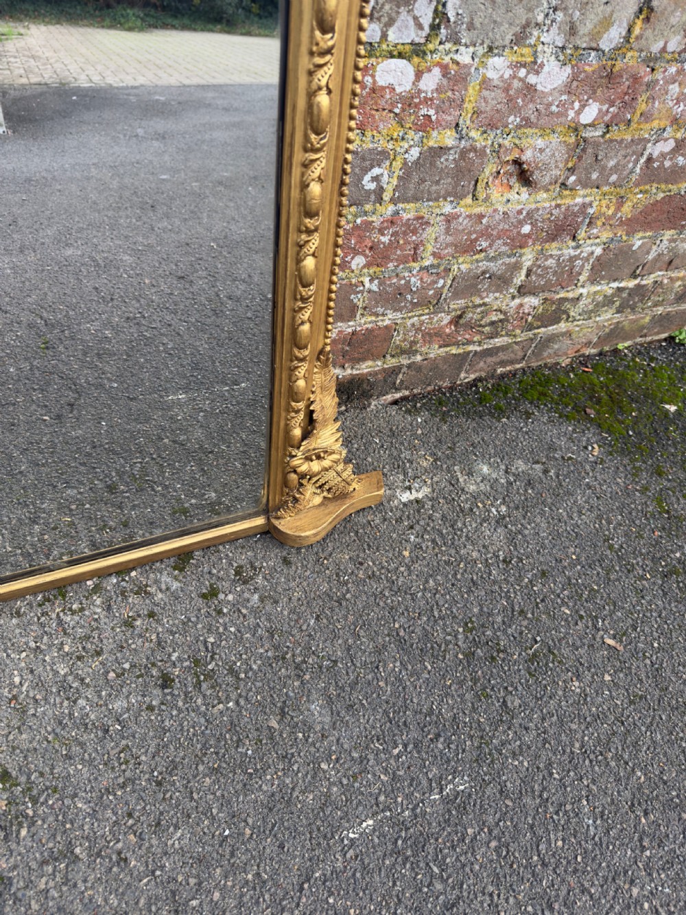 An Exceptional large Antique English 19th Century carved wood & gesso gilt Overmantle Mirror. View V