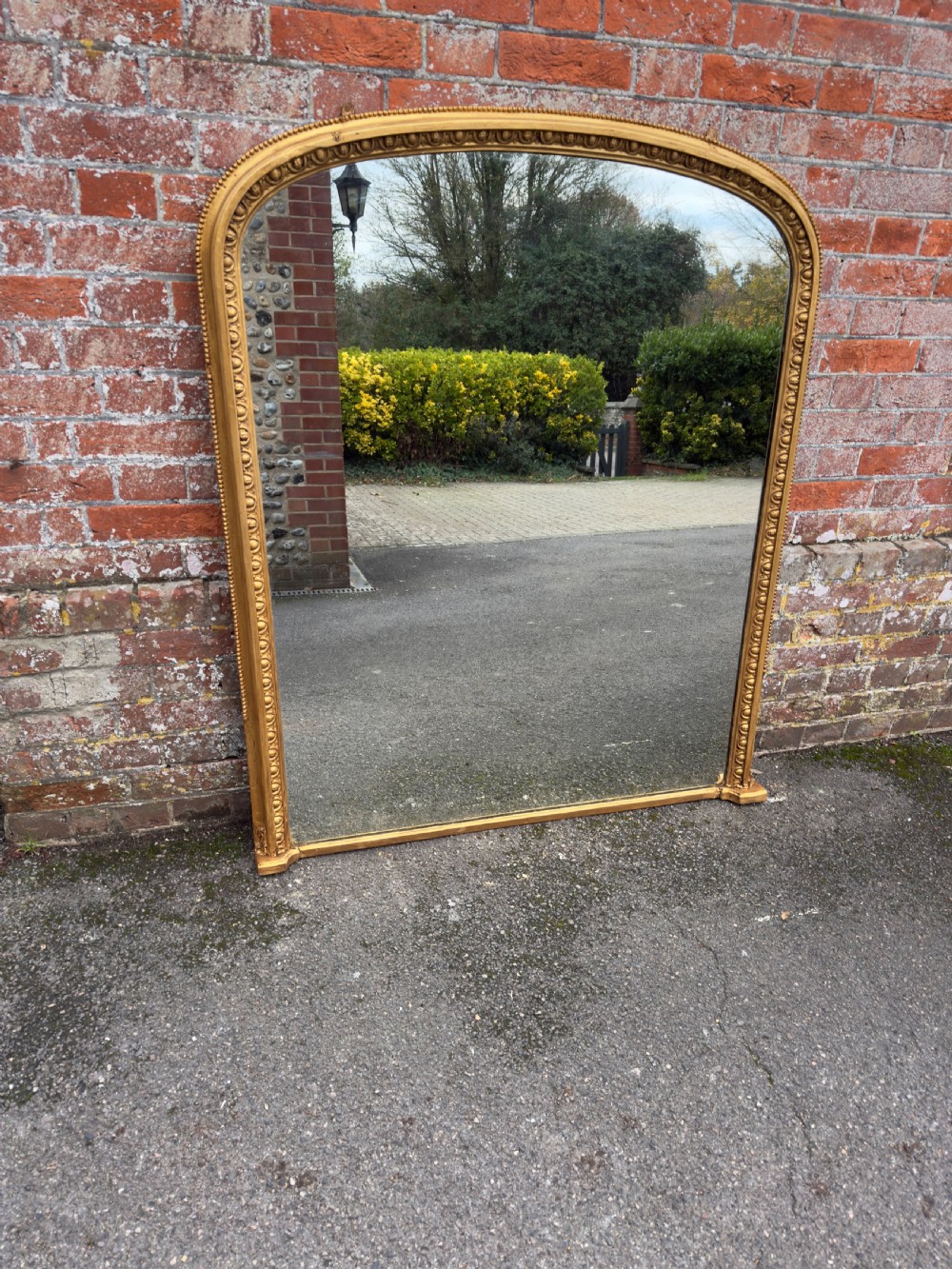 A Wonderful Large Antique English 19th Century carved wood &b gesso arched top gilt Overmantle Mirror.