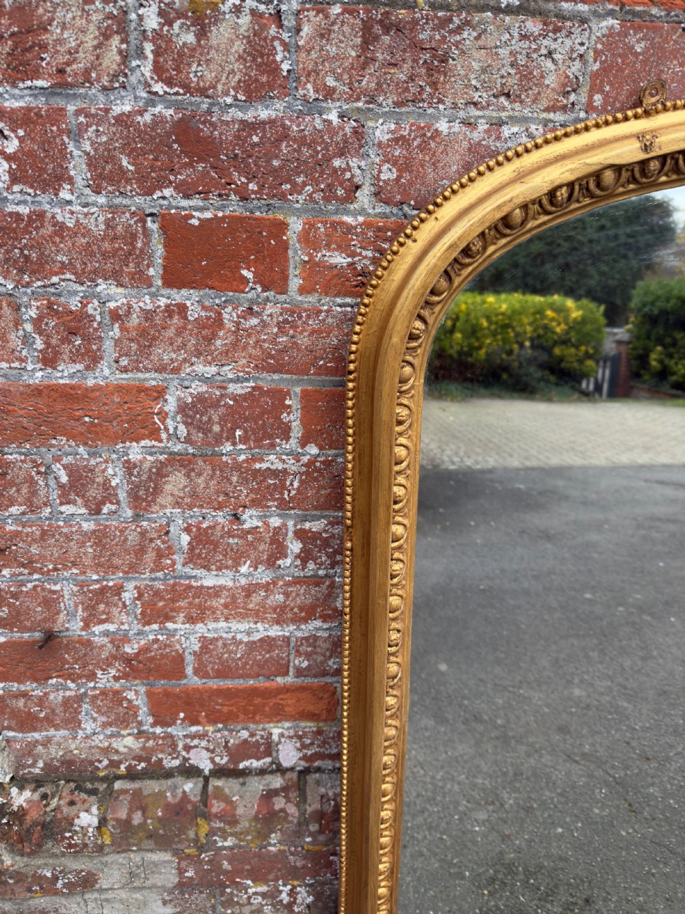A Wonderful Large Antique English 19th Century carved wood &b gesso arched top gilt Overmantle Mirror. View II