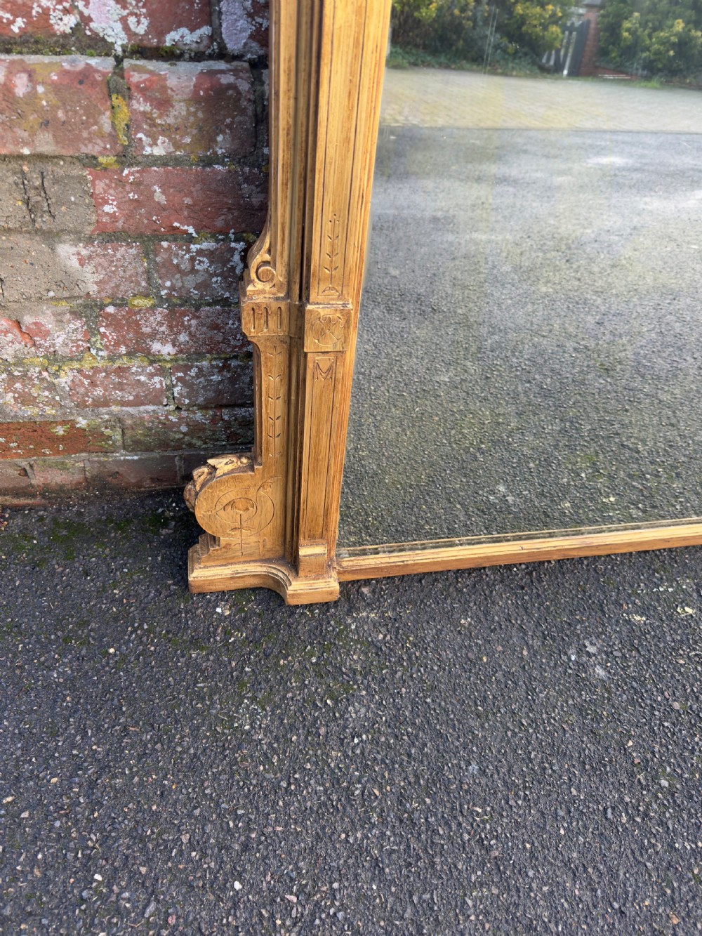 A Superb Large Antique English 19th Century carved wood gilt framed Overmantle Mirror. View IV