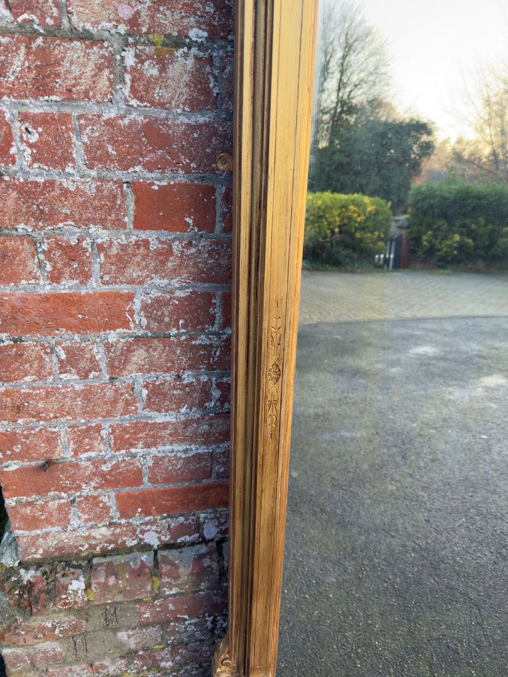 A Superb Large Antique English 19th Century carved wood gilt framed Overmantle Mirror. View V