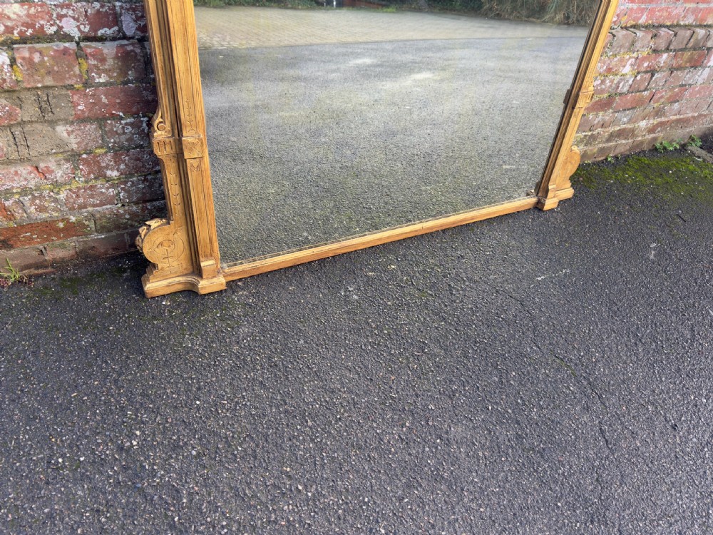 A Superb Large Antique English 19th Century carved wood gilt framed Overmantle Mirror. View VI