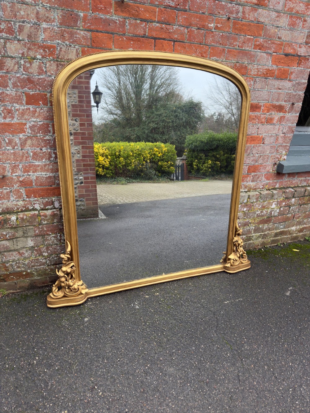 An Exceptional large Antique English 19th Century Carved wood & gesso arched top gilt Overmantle Mirror.