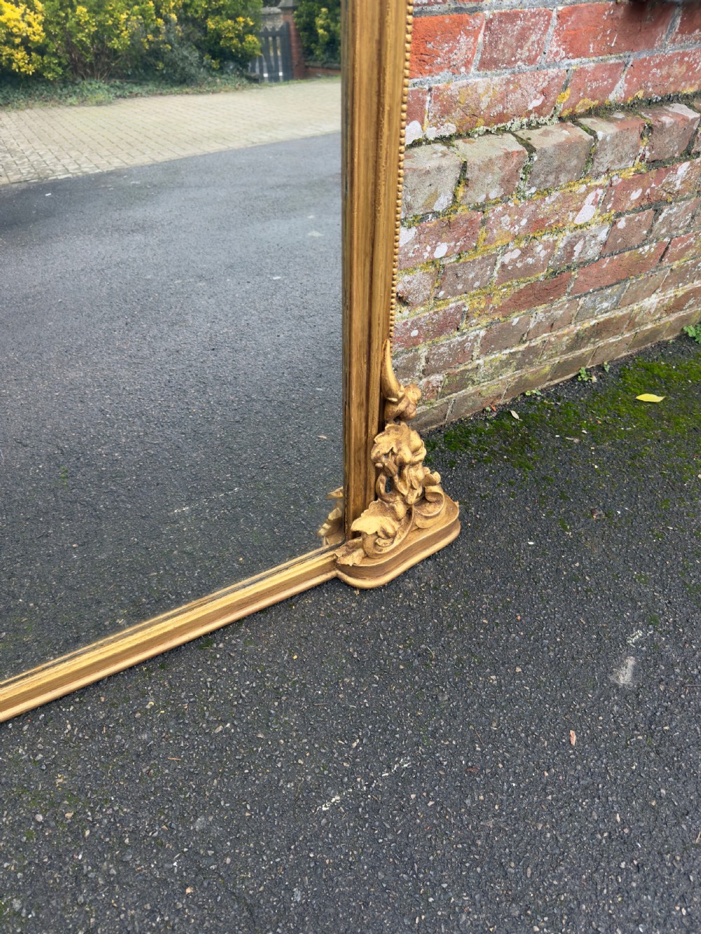 An Exceptional large Antique English 19th Century Carved wood & gesso arched top gilt Overmantle Mirror. View III