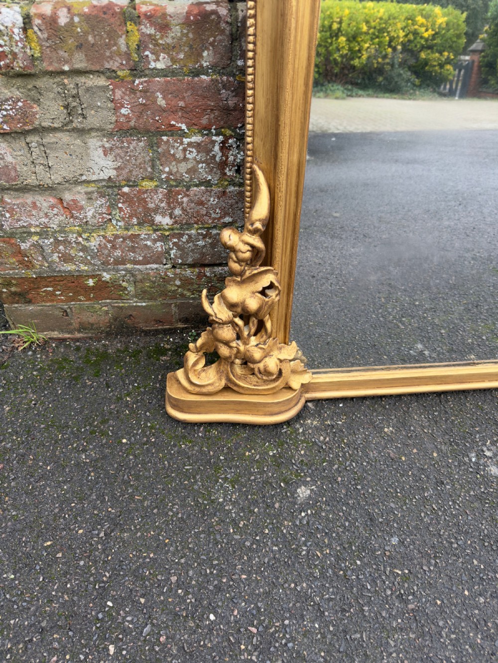 An Exceptional large Antique English 19th Century Carved wood & gesso arched top gilt Overmantle Mirror. View IV