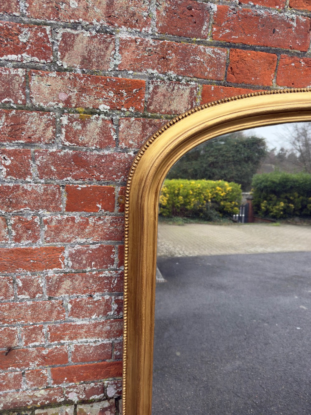 An Exceptional large Antique English 19th Century Carved wood & gesso arched top gilt Overmantle Mirror. View V