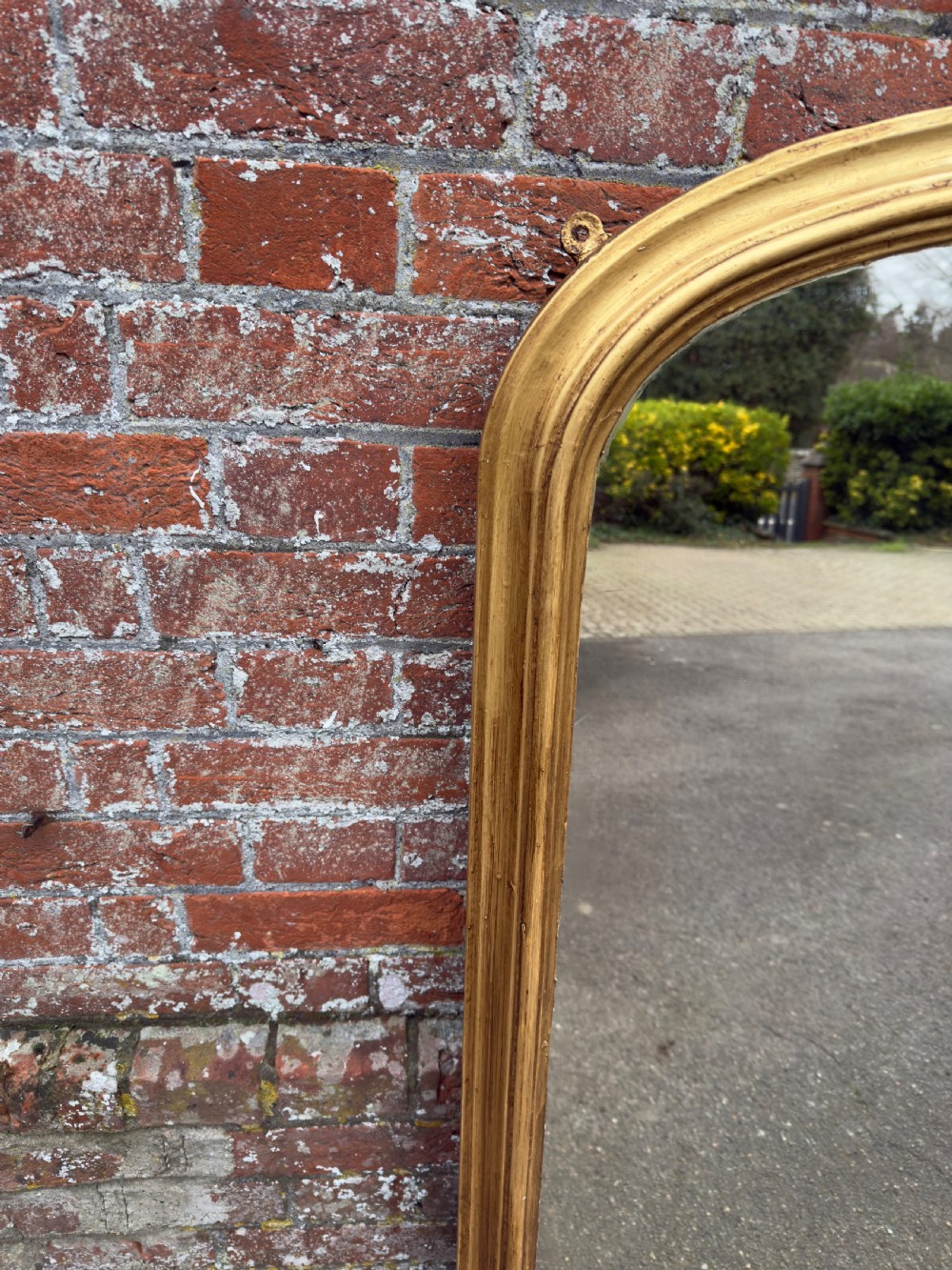 A Delightful large Antique English 19th Century carved wood & gesso arched top gilt Overmantle Mirror. View V