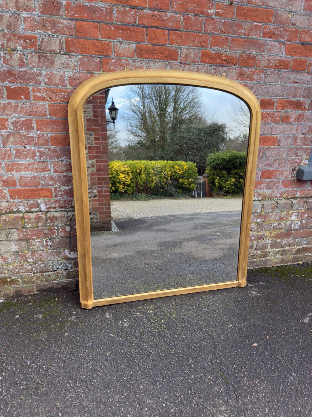 A Wonderful large Antique English 19th C arched top gilt Plain Overmantle Mirror. View VI