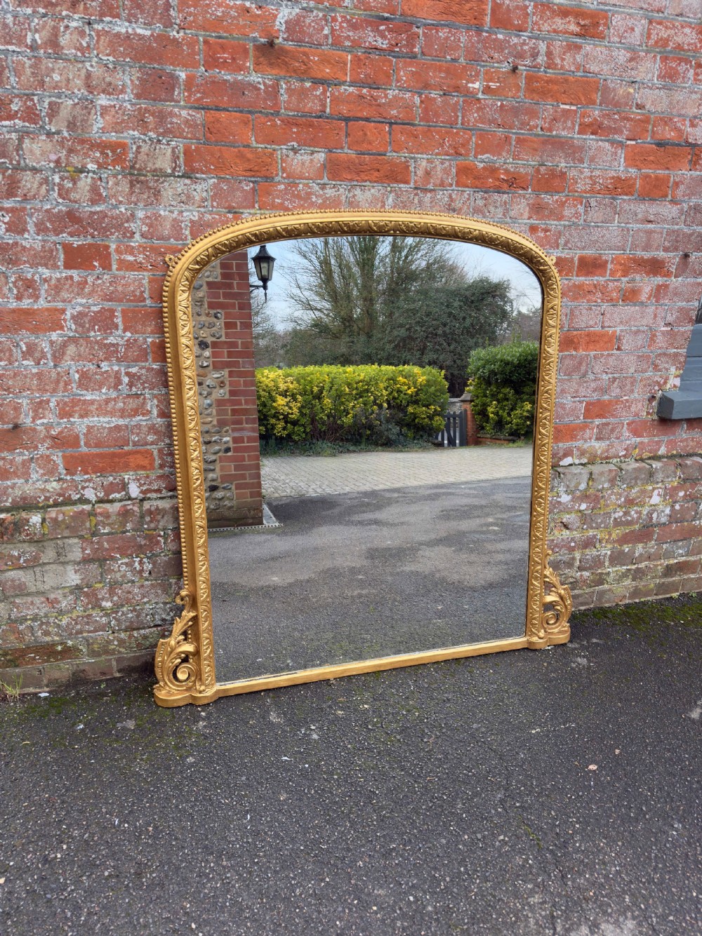 A Stunning large Antique English 19th Century carved wood & gesso arched top gilt Overmantle Mirror.