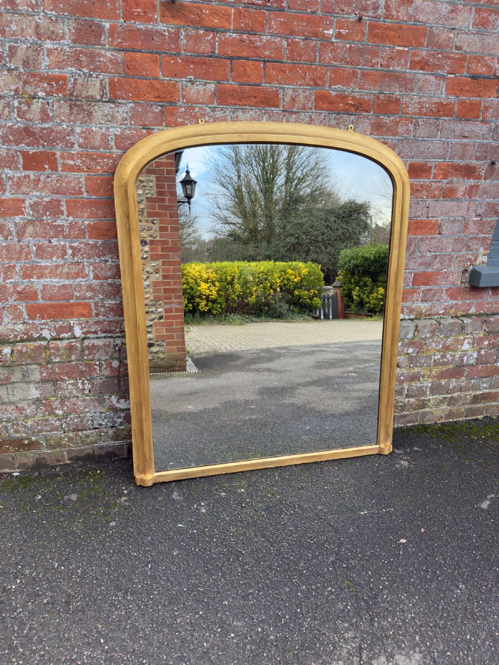 A Stunning large Antique English 19th Century carved wood & gesso arched top gilt Overmantle Mirror. View IV