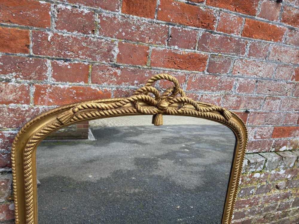 An Exceptional good size Antique English 19th Century carved wood & gesso arched top gilt Overmantle Mirror. View II