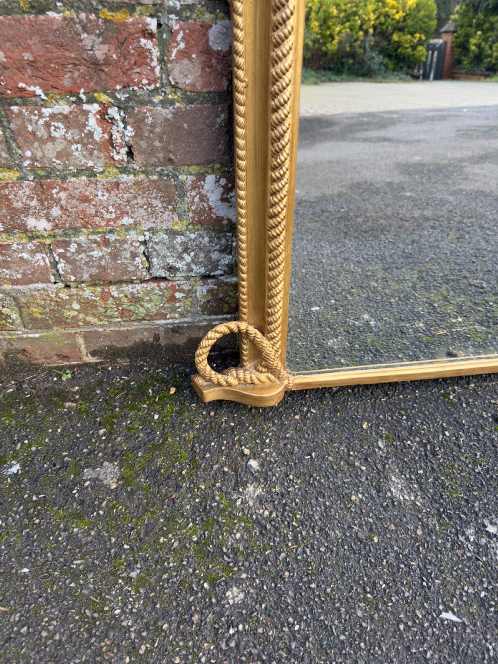 An Exceptional good size Antique English 19th Century carved wood & gesso arched top gilt Overmantle Mirror. View IV