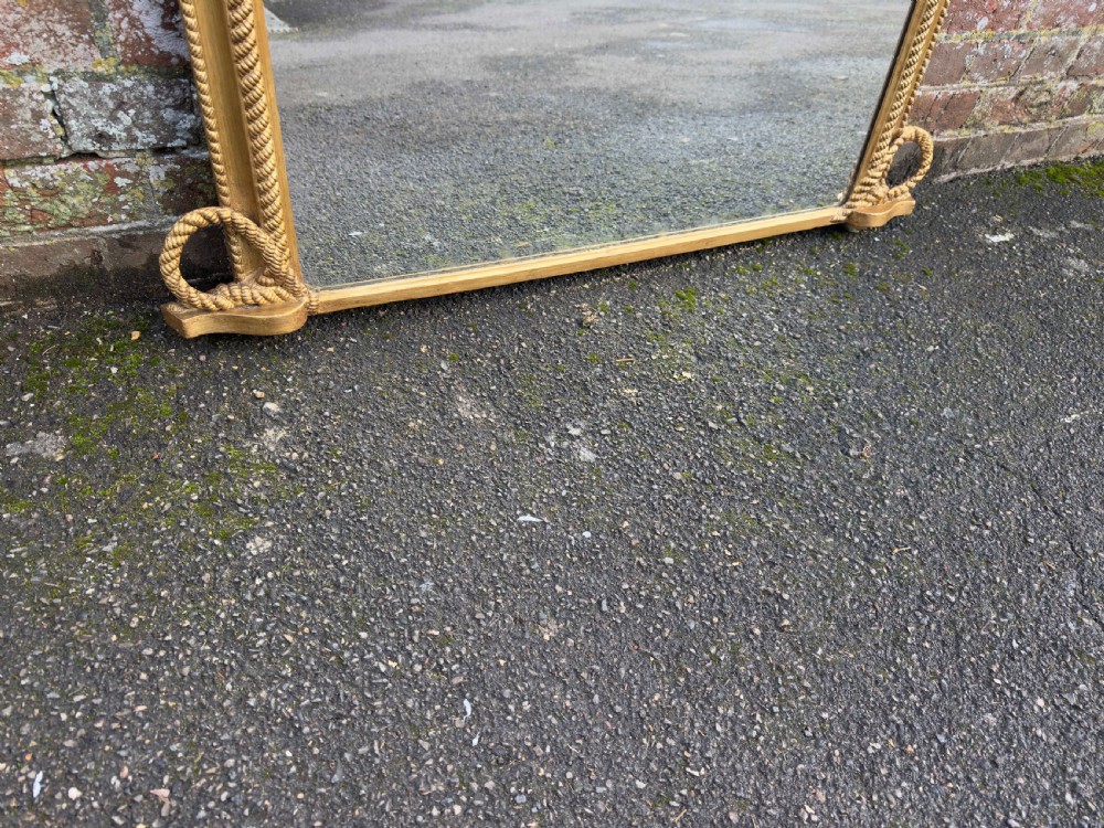 An Exceptional good size Antique English 19th Century carved wood & gesso arched top gilt Overmantle Mirror. View V