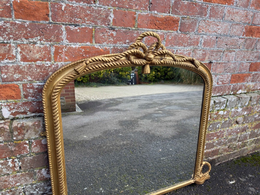 An Exceptional good size Antique English 19th Century carved wood & gesso arched top gilt Overmantle Mirror. View VI