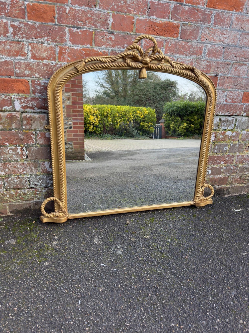 An Exceptional good size Antique English 19th Century carved wood & gesso arched top gilt Overmantle Mirror. View VII