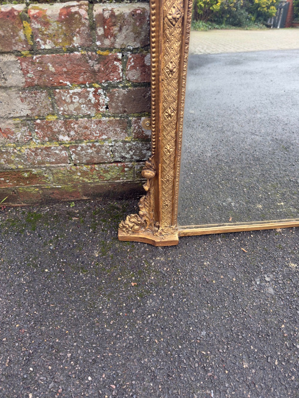 A Specatular large Antique English 19th Century carved wood & gesso arched top gilt Overmantle Mirror. View V