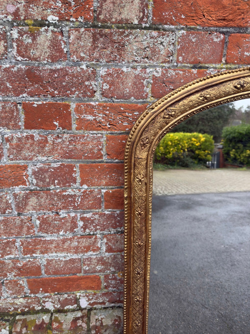 A Specatular large Antique English 19th Century carved wood & gesso arched top gilt Overmantle Mirror. View VI