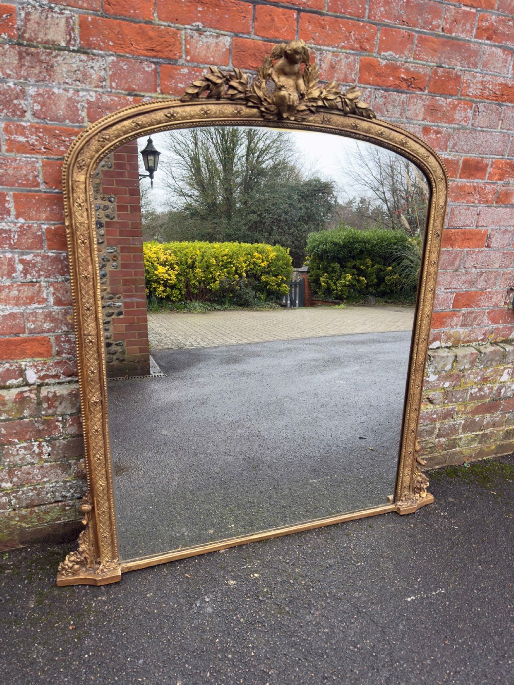 A Specatular large Antique English 19th Century carved wood & gesso arched top gilt Overmantle Mirror. View VIII