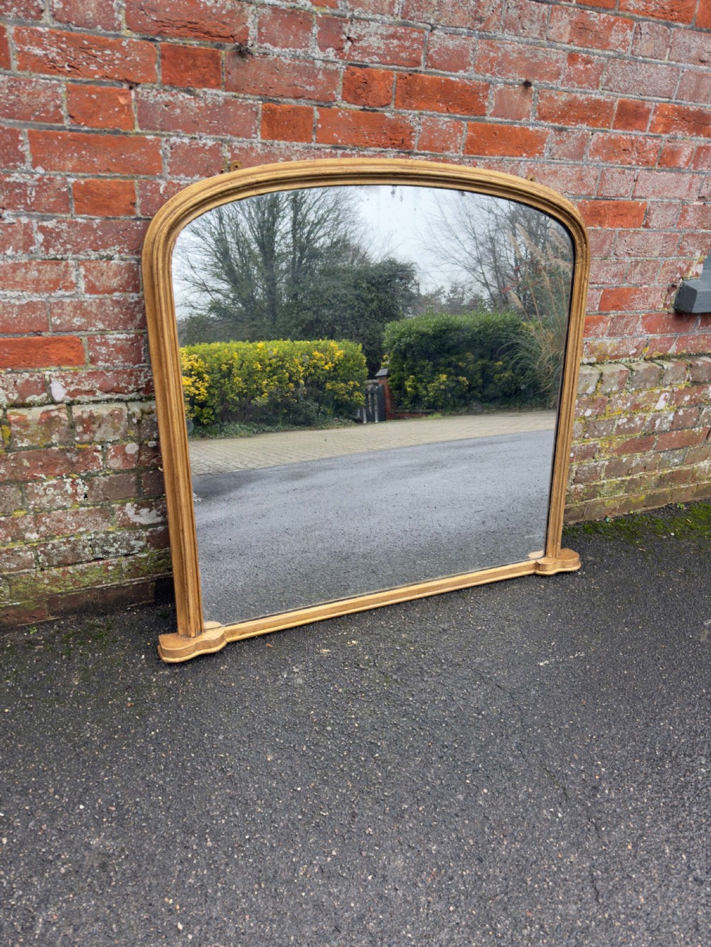 A Fabulous good size Antique English 19th Century carved wood & gesso arched top gilt Plain Overmantle Mirror. View V