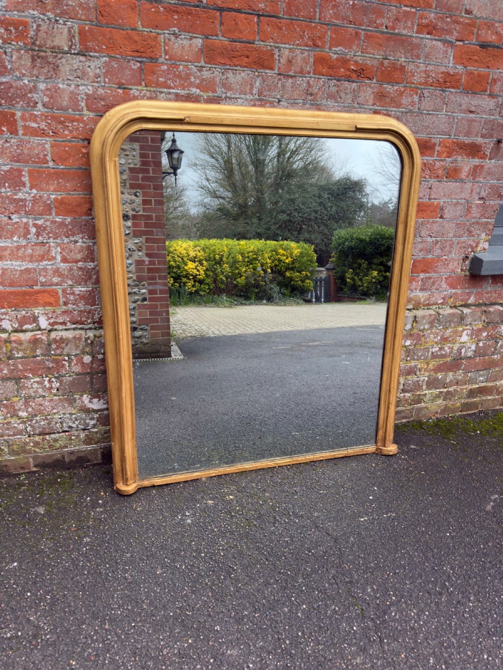 A Delightful large Antique English 19th Century carved wood & gesso arched top gilt Overmantle Mirror.