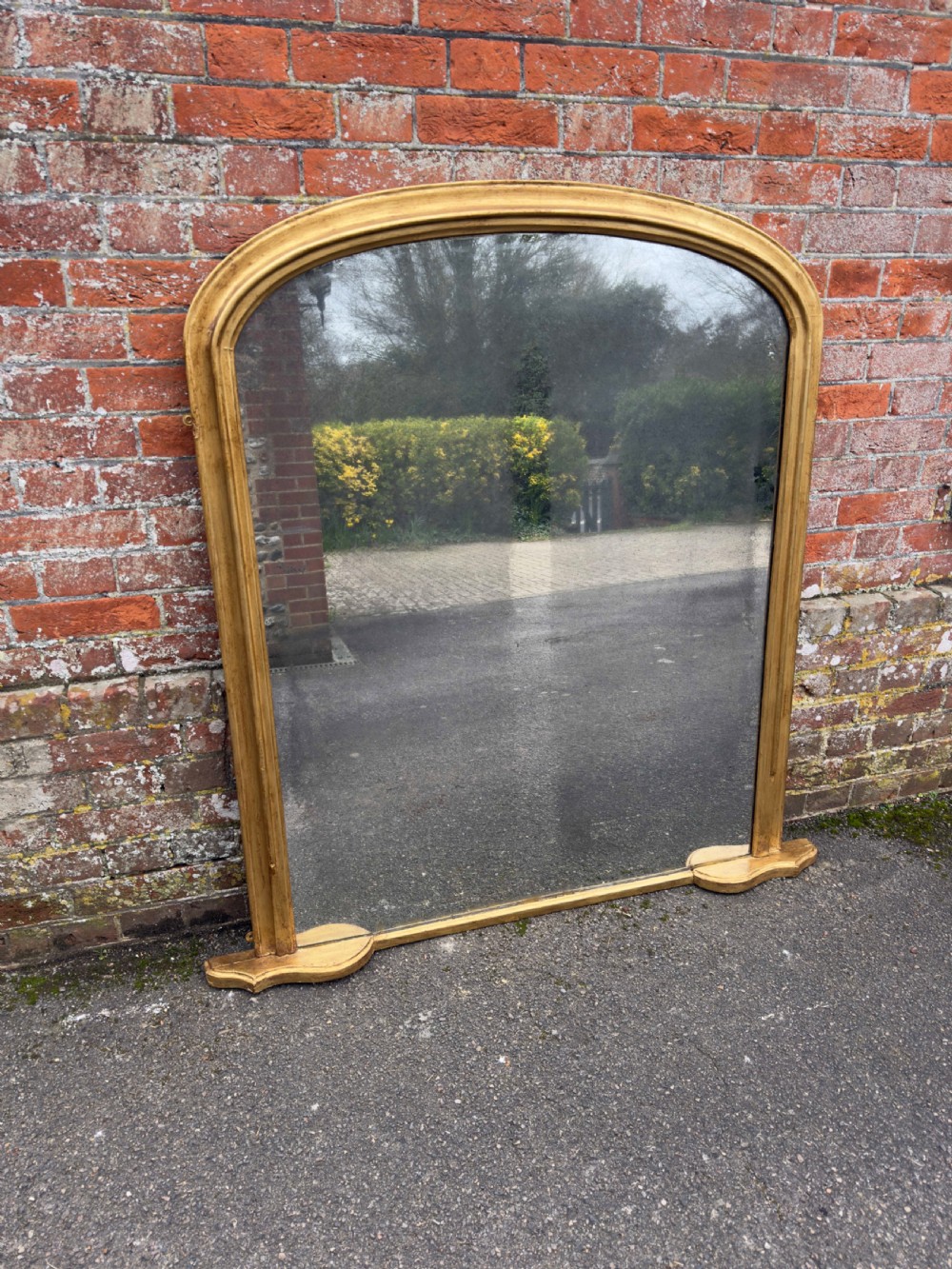 A Splendid large Antique English 19th Century carved wood & gesso arched top gilt Overmantle Mirror.
