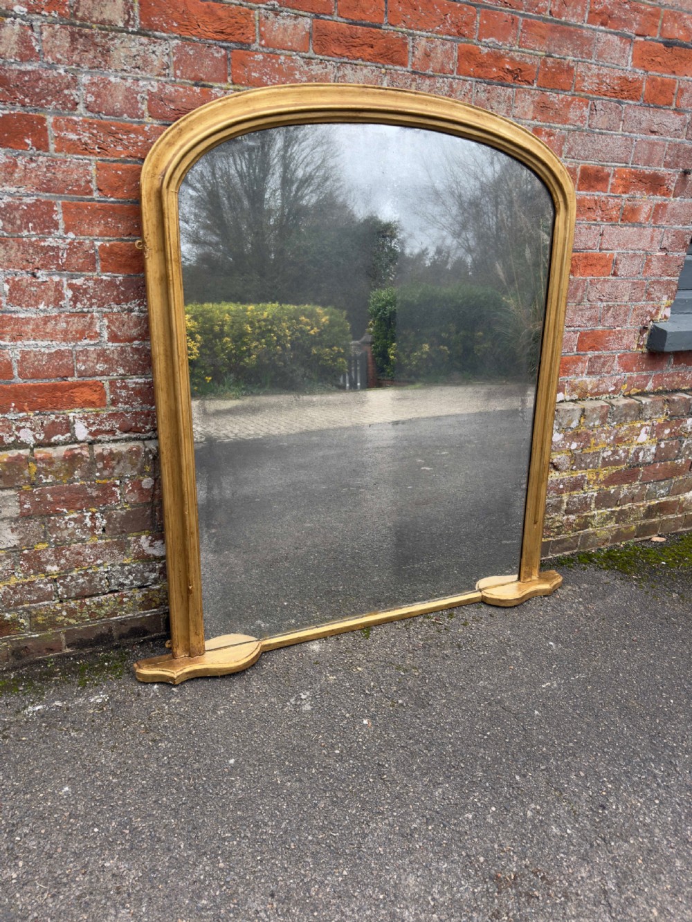 A Splendid large Antique English 19th Century carved wood & gesso arched top gilt Overmantle Mirror. View V